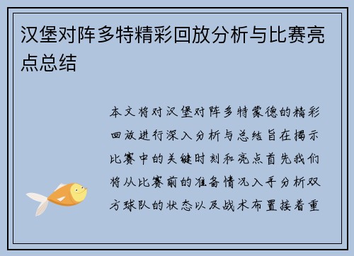 汉堡对阵多特精彩回放分析与比赛亮点总结